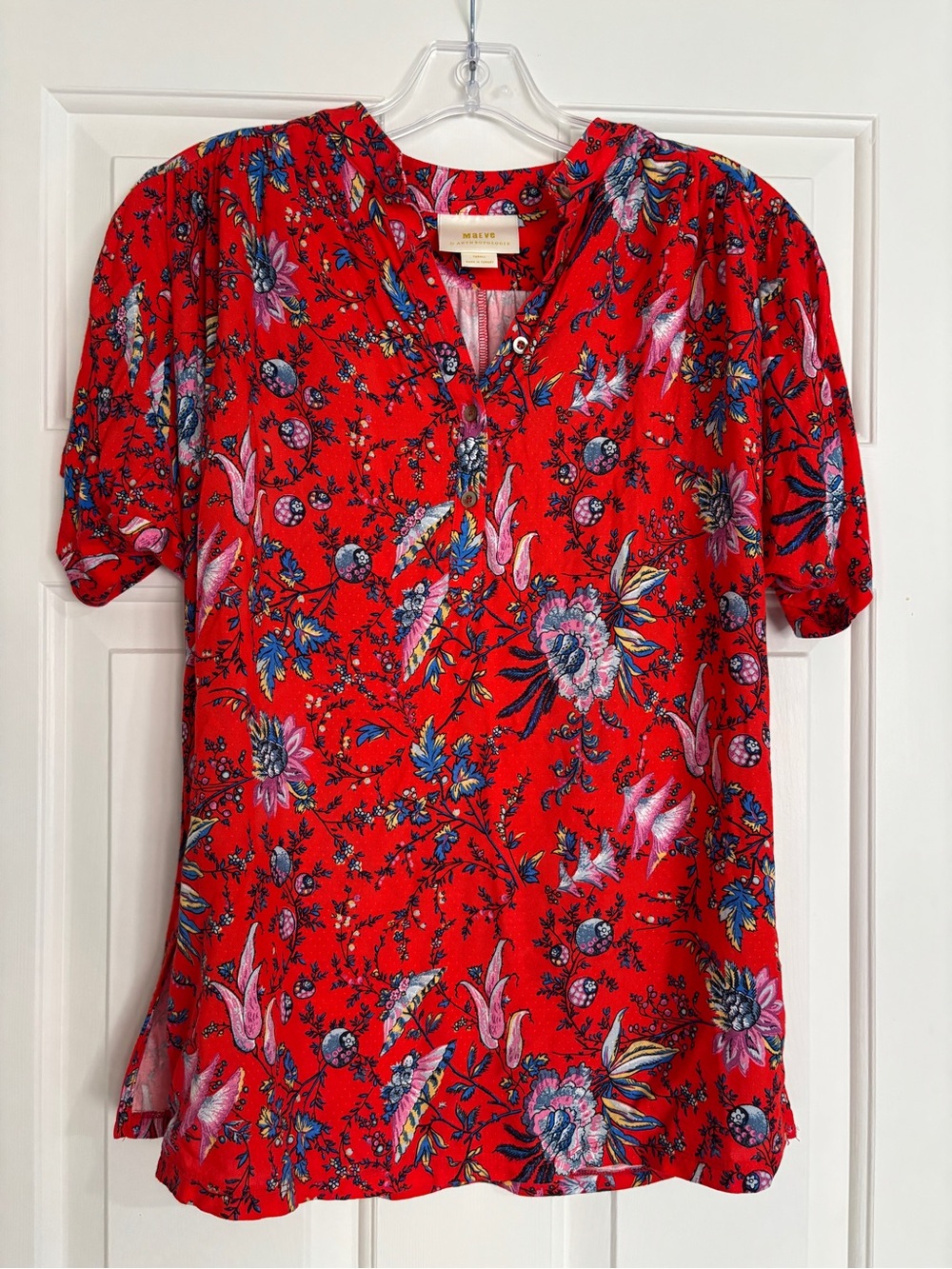 Maeve Anthropologie Red Floral Swiss Dot Short Sleeve Blouse - Extra Small